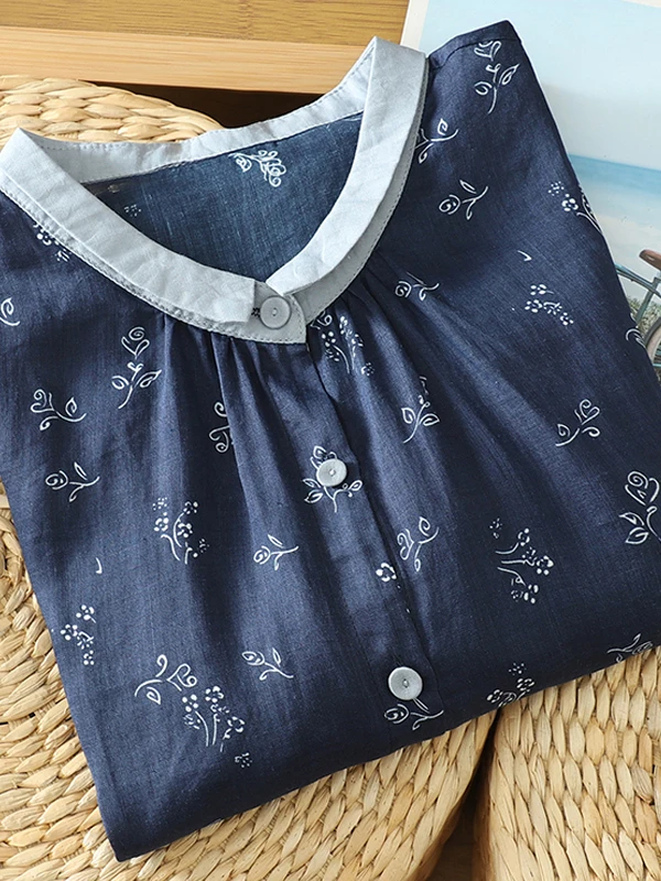 

Retro Floral Cotton Linen ort Sve irt Women's Early Autumn Loose Versatile Slimming Casual Turn-down Collar Linen Top
