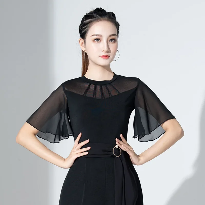 

2023 NEW Adult Women International Ballroom Costume Modern Latin Dance Top Lady Sexy Mesh Sleeve Fabric Girls Dancewear