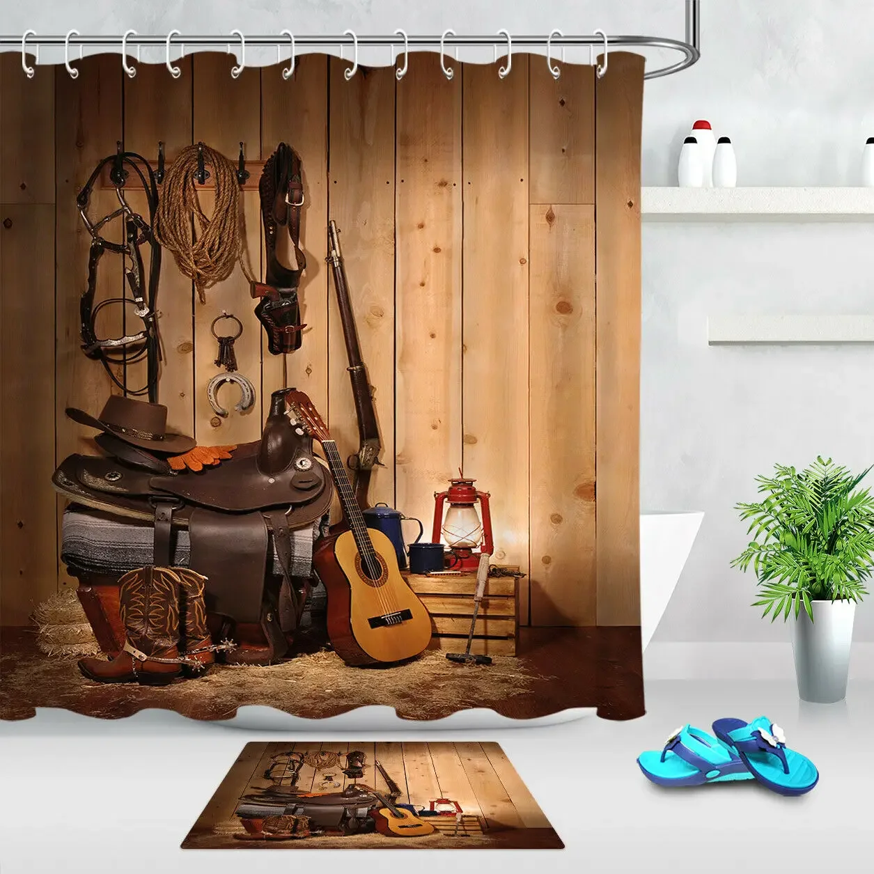 Cowboy Guitar Saddle Gun Waterproof Fabric Shower Curtain Unique Bathroom Custom