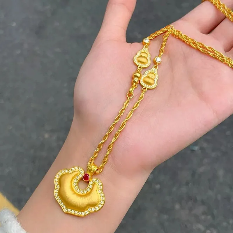 

New luxury real gold jewelry 24k certifid ancient safe lock for women au999 pure gold hollow clavicle chain for girlfriend