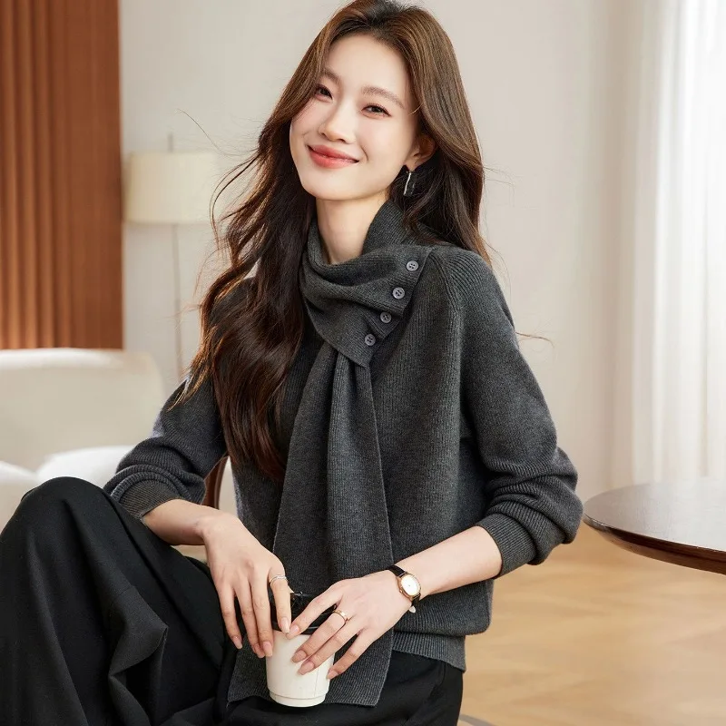 Womens Stylish Scarf Collar Knit Sweater Elegant Inner Base Layer Design Sense Knit Top Winter Casual Wear