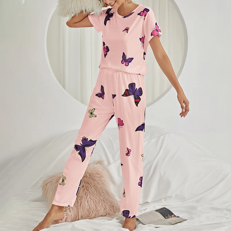 Women Pajamas Set Butterfly Pattern Print Sleepwear Autumn Milk Silk Sleep Top with Pants 2 Piece Pajama for Ladies Lingerie Set