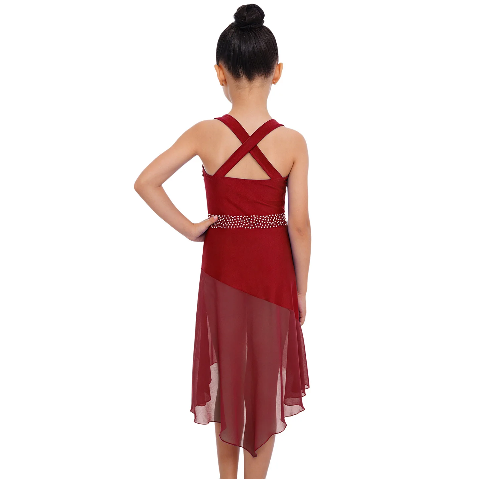 

Детское современное платье для латинских лирических танцев для девочек, шифоновые платья с лямкой на шее и блестящими стразами, балетные трико для фигурного катания, гимнастики