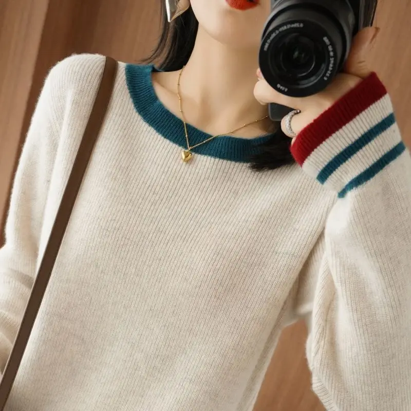 2023 New Autumn and Winter Fashion Western Round Neck Contrast Loose Sweater Temperament Commuter Thread Women's Casual Sweater