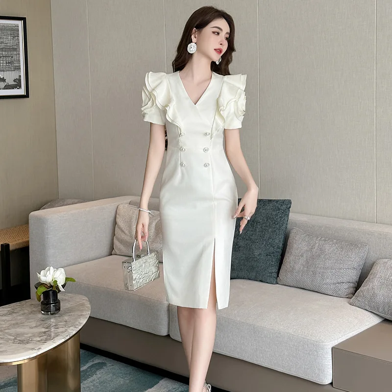 2024 Summer New Women's Commuting Style Double breasted Petal Bubble Sleeves Slim Fit Wrapped Hip Dress