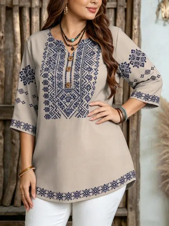 Women 3/4 Sleeve V‑Neck Blouse Vintage Ethnic Geometric Floral Border Print Loose Casual Daily Ladies Tops