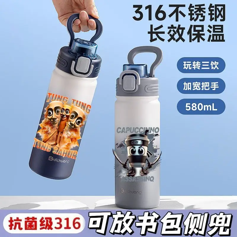 Termo italiano Brainrot, botella de agua Tung Sahur, taza de café portátil con aislamiento frío y caliente, tazas de agua deportivas con pajita