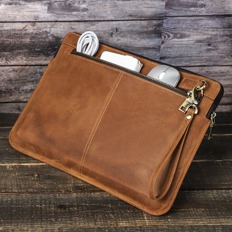Vintage Crazy Horse Leather Laptop Sleeve Multi-Pocket Tablet Case with Wrist Strap for 13/14 Inch Devices Genuine Cowhide Bags