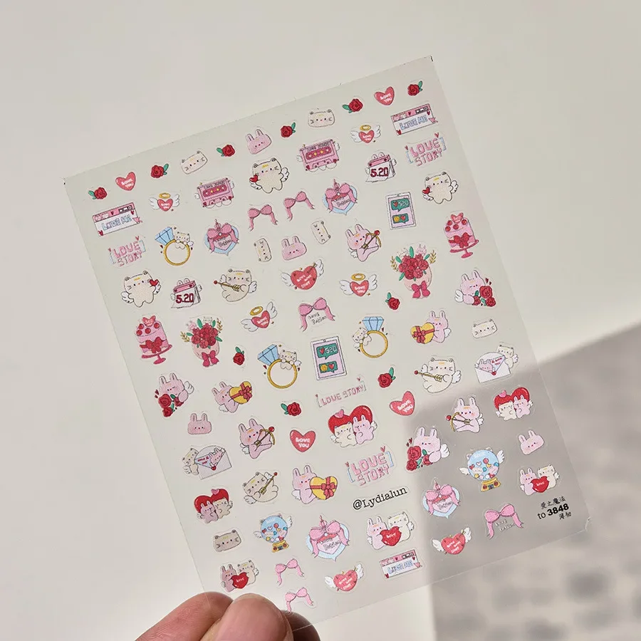 

Love Story Press On Nail Stickers 1 Sheet Ultra Thin & Flexible Self-Adhesive Cute Cartoon Nail Art Decals for Women Girls DIY