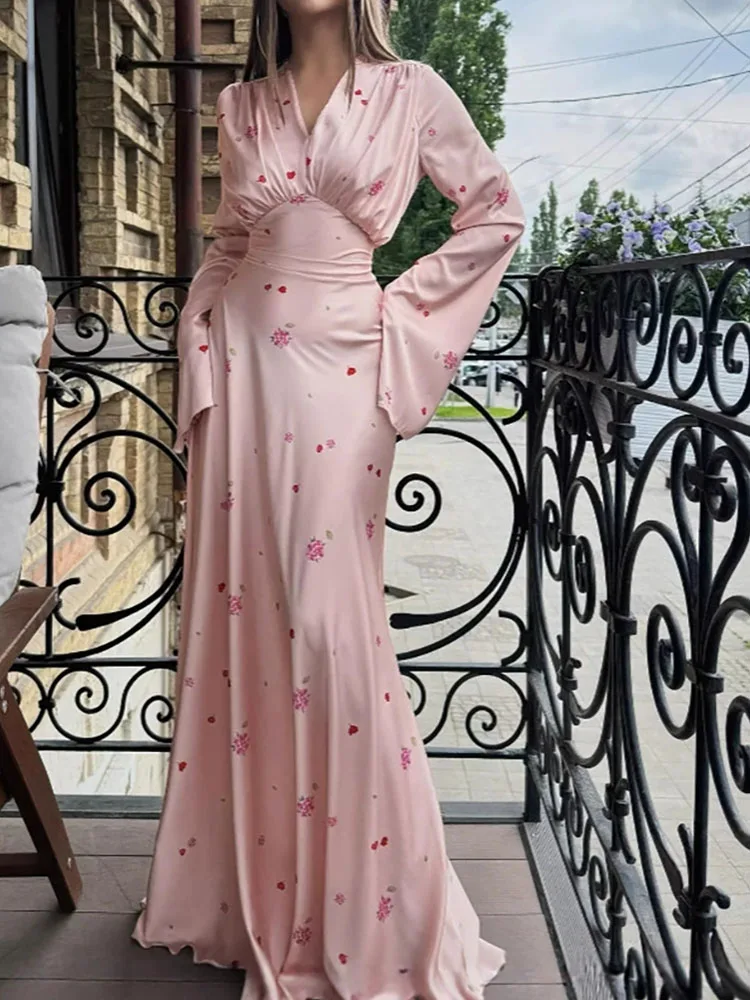 Elegante flor impressão cetim vestido de noite feminino casual mangas alargadas magro vestido longo moda com decote em v altura cintura bohe vestido de festa