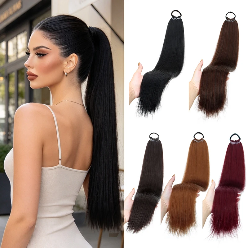 20Inch Synthetic Elastic Rubber Band Ponytail Extension Long Straight Wrap Around Ponytail Hairpiece for Women Easy to Wear