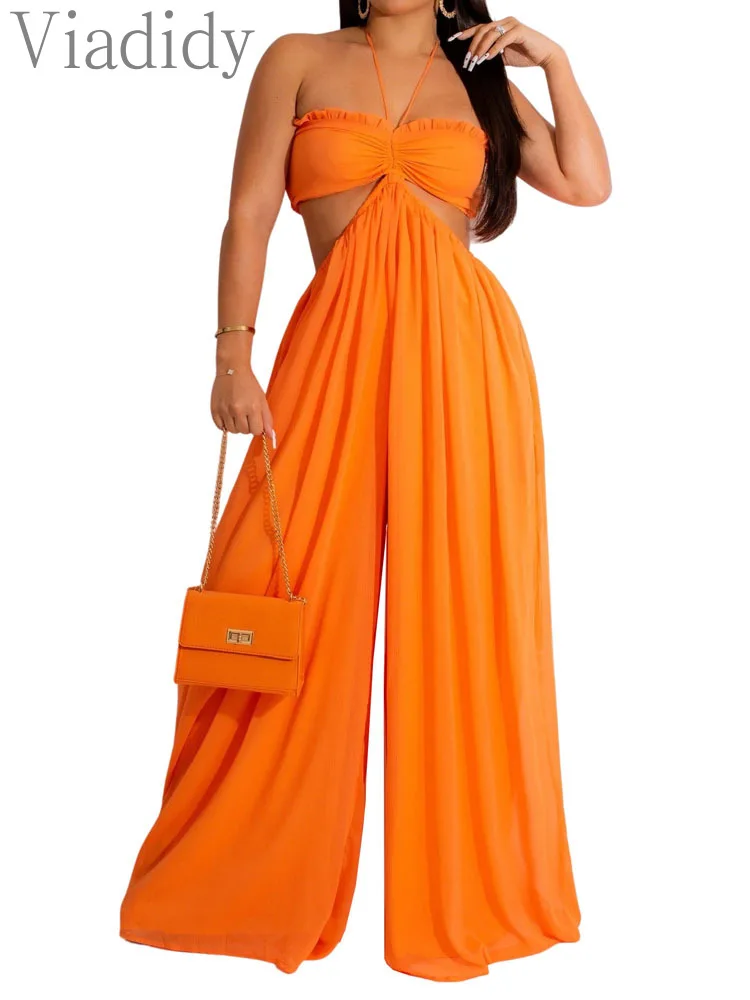 

Chiffon Halter Hollow Backless Wide Leg Jumpsuit
