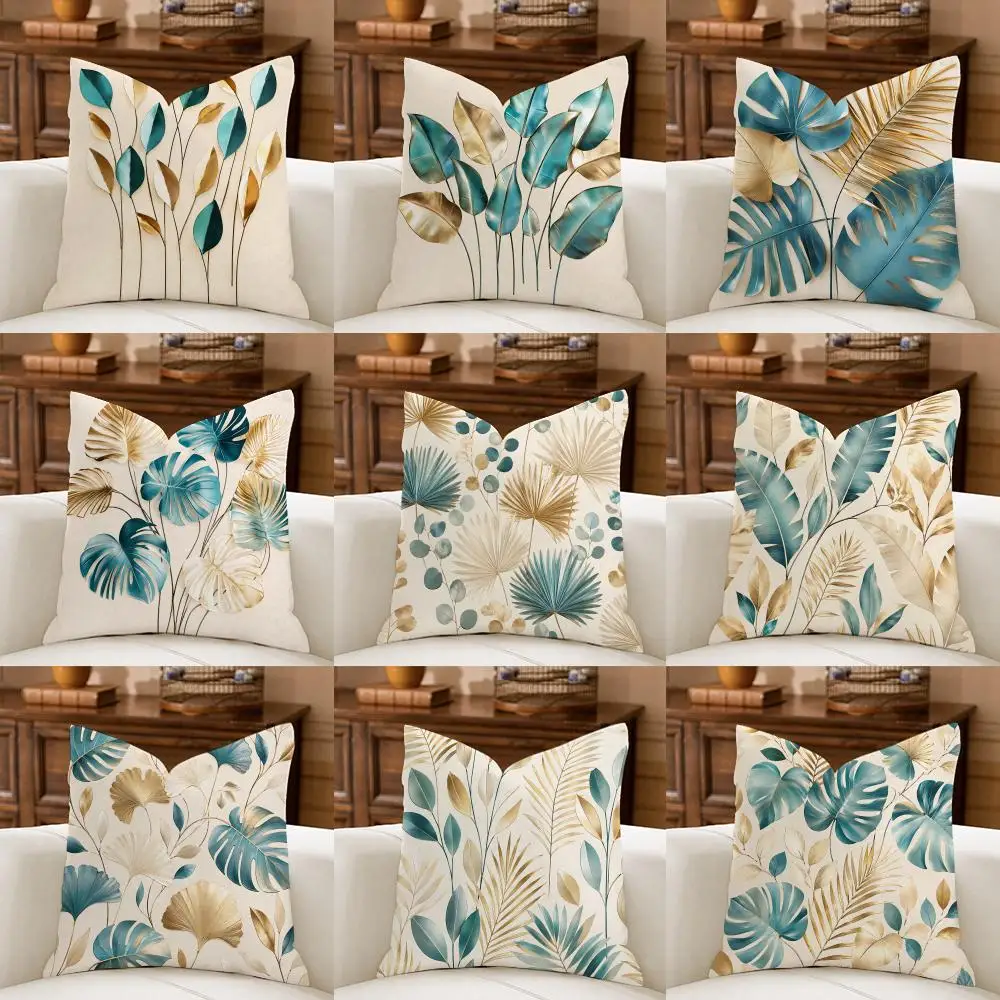 Leaf Patterned Cushion Cover Natural Breathable Durable Linen Printed Decor Pillow Case Sofa Bedroom