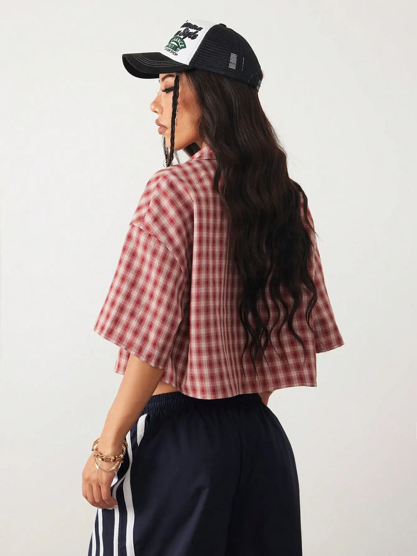 

Women's Spring Summer Vintage Preppy Crop Plaid Loose Shirt Red