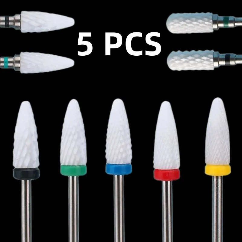 Brocas de cerámica para uñas, punta cónica para manicura, máquina pulidora giratoria, cortador, elimina Gel acrílico, accesorios, 5 piezas