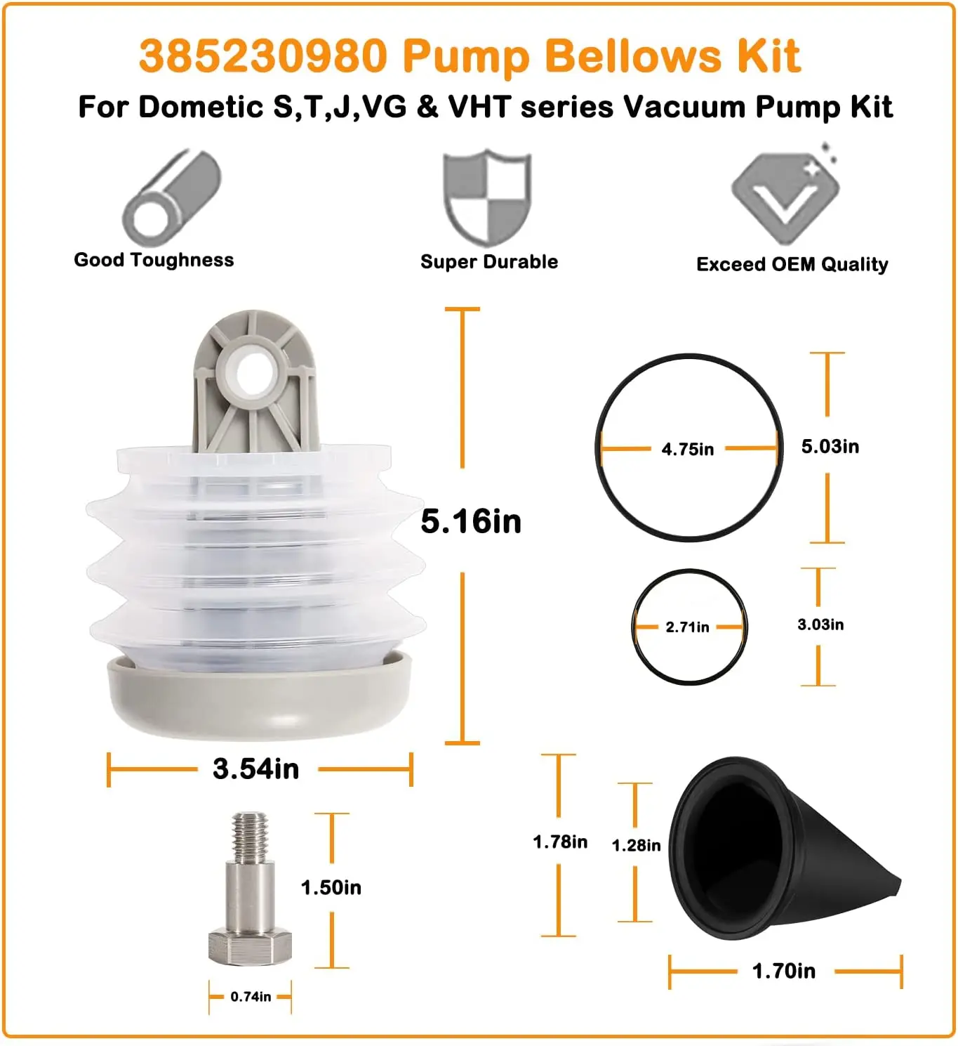 385230980 Pump Bellow & 4 Pack 385310076 Duckbill Valve 1-1/2'' & 385310151 O-Ring Kit Fit for Dometic S, T, J, VHT & VG Series