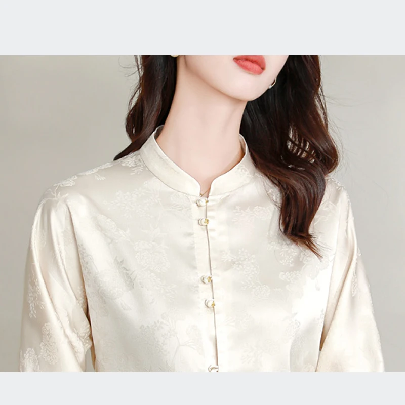 Chemises vintage à col montant pour dames, jacquard de style chinois, chemisier de haute qualité, mode élégante HanFu, automne, nouveau, 2024