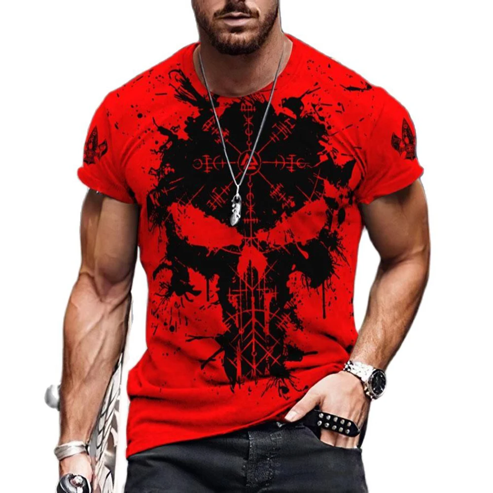 

Summer Casual Viking Symbol Raven Tattoo Red 3D Printed Men's T Shirt Crew Neck Short Sleeve T Shirt Unisex Street T Shirt Top