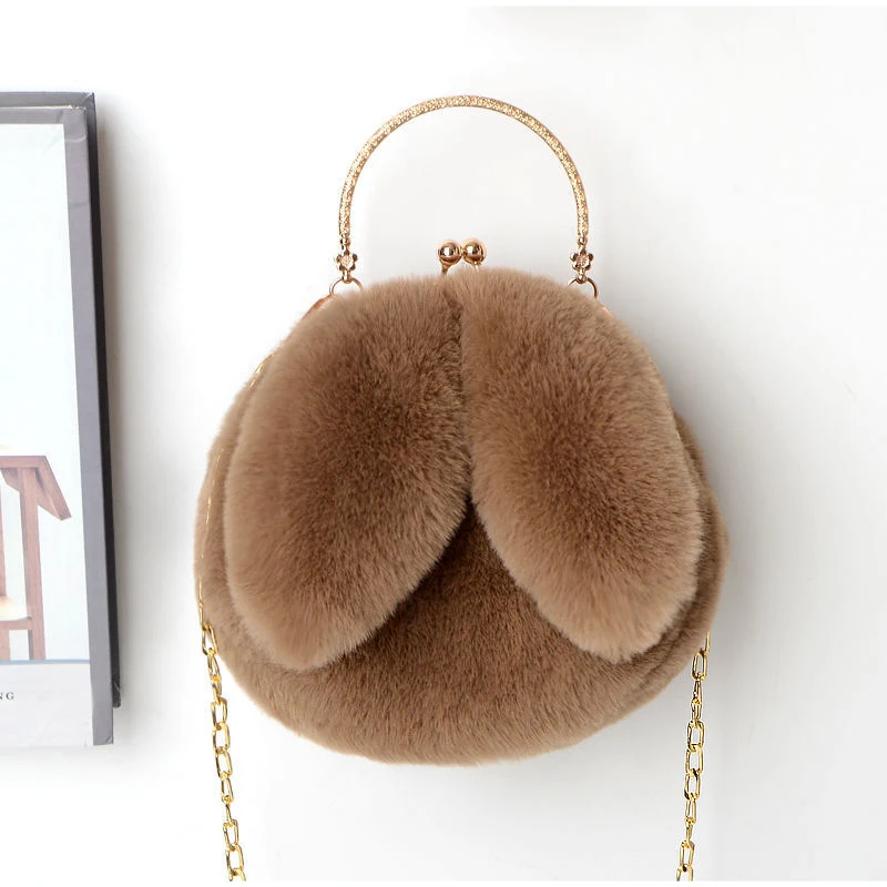 Weiche, flauschige Plüsch-Handtasche mit Henkel, niedliche Umhängetasche mit Hasenohren und Kette, warme Winter-Clutch, leichte Handytasche – Detail 12