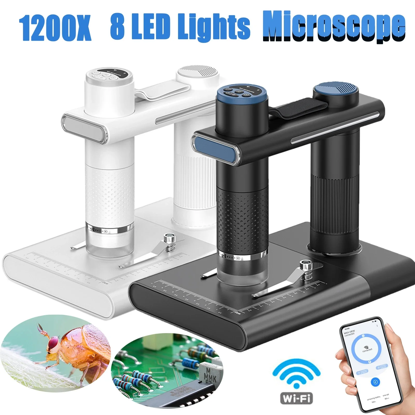 1200X Microscope with Stand Hands-free Wireless WiFi Microscope Rechargeable Endoscope Magnifier Optical Digital Camera 8 LEDS