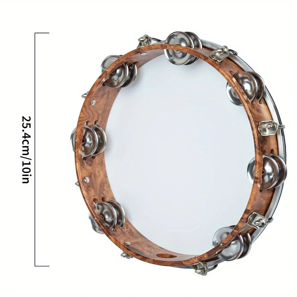 10-inch Tambourine Double Row Stainless Steel Bells with Adjustment Tuning Tool Hand Clapper Drum Performing