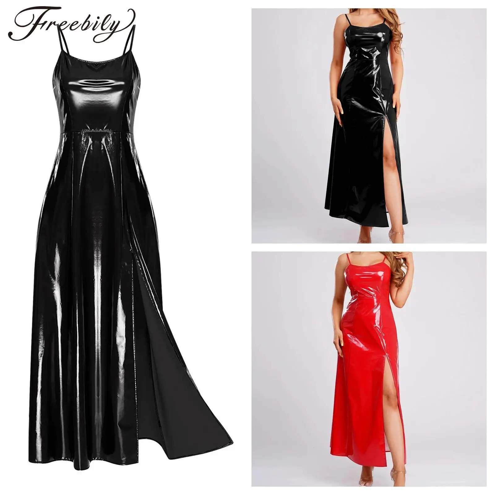 Women Maxi Party Dress Punk PU Dress Party Clubbing Woman's Side Slit for Raves Club Lady Glossy Camis Dress Gothic Costume