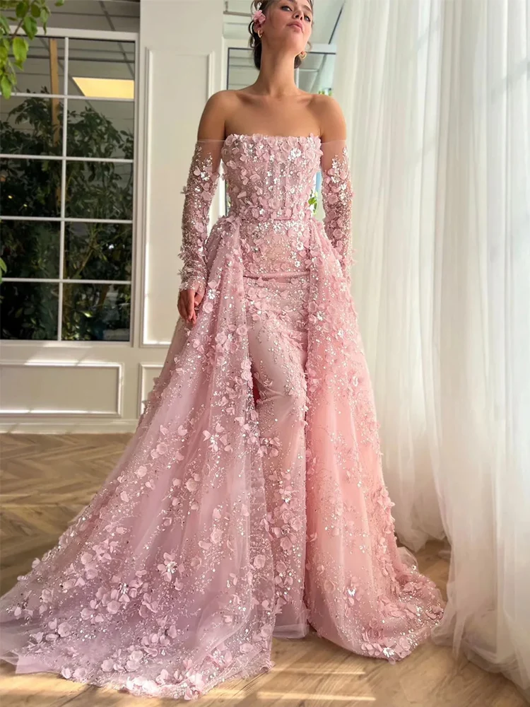 

Women's Long Chic Evening Dresses 2025 Organza A-line Celebrity Dress Pink Off-the-shoulder Applique Sequined Birthday Gown