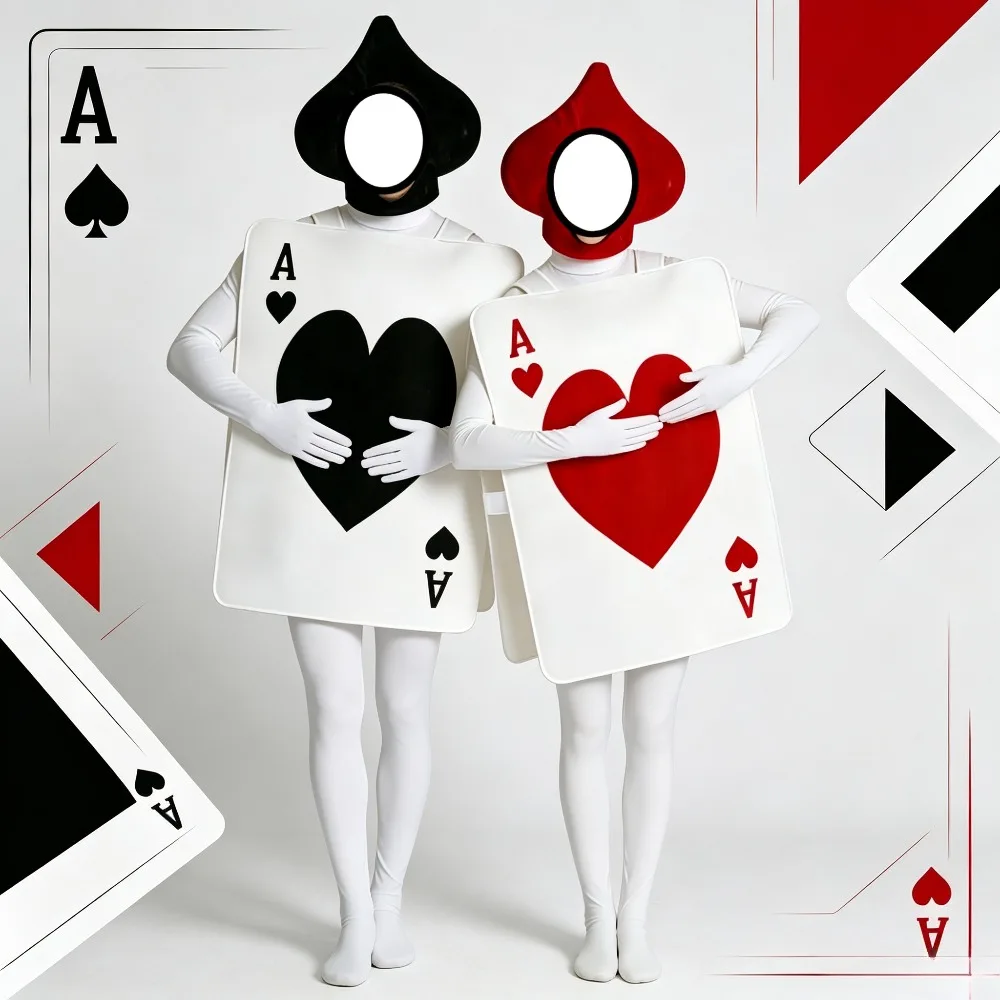 Unisex-Kostüm mit Herz-Karten-Motiv, Fantasy-Spielkarten-Outfit für Karneval, Maskerade, Bühne, Themenparty, Halloween, Cosplay