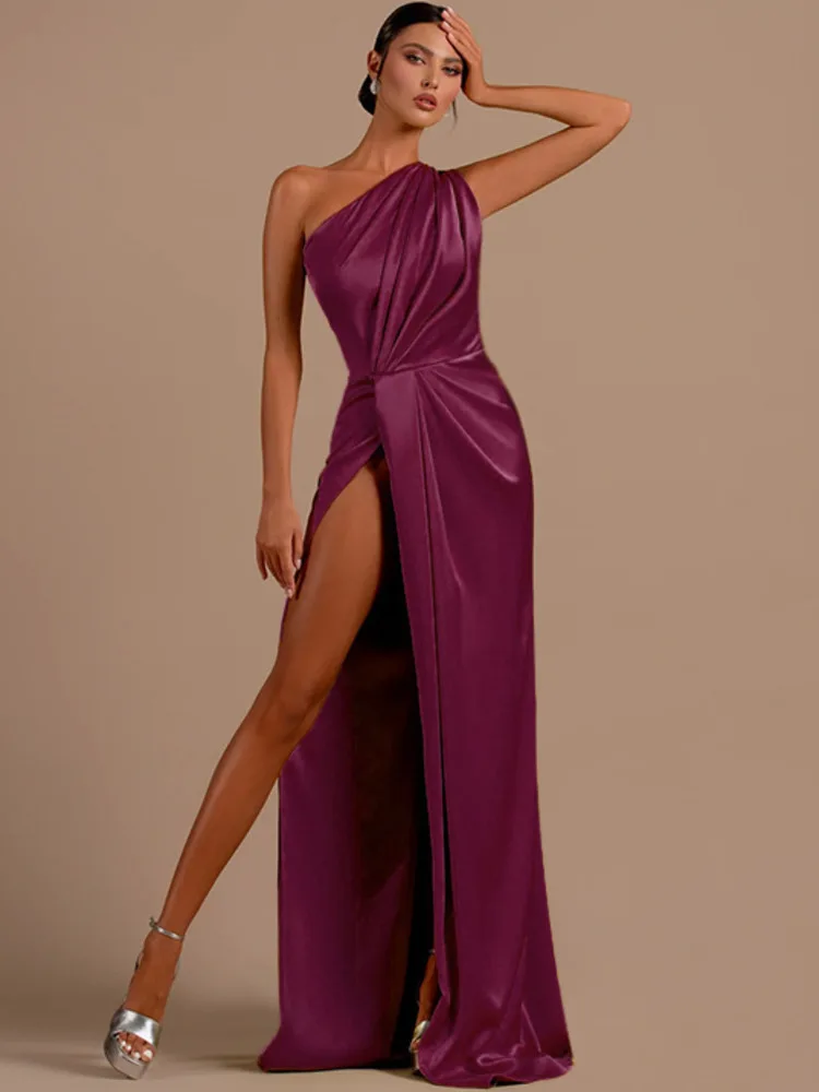 Articat sexy fenda vestido de cetim feminino 2025 novo elegante ruched vestido longo feminino outono festa clube vestido de noite bodycon vestidos