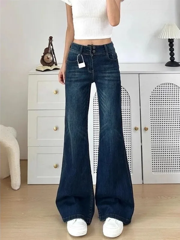 

Slim Fit High Waist Bell Bottom Jeans Women's Vintage Style Wide Leg Pants Spring New Style Distressed Denim Non-Matching Legs