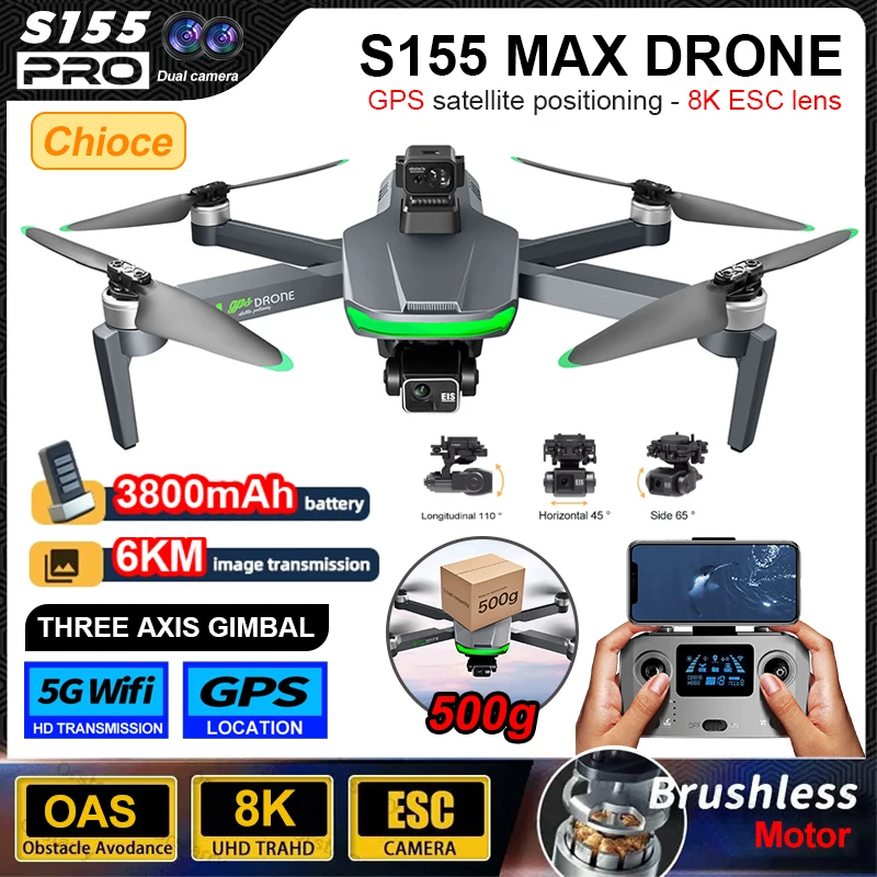 S155 ProMax Relay Brushless GPS Drone 360 obstacle avoidance 3-Axis Anti Shake Gimbal 500g Load 5000M FPV Transmission Quadrotor