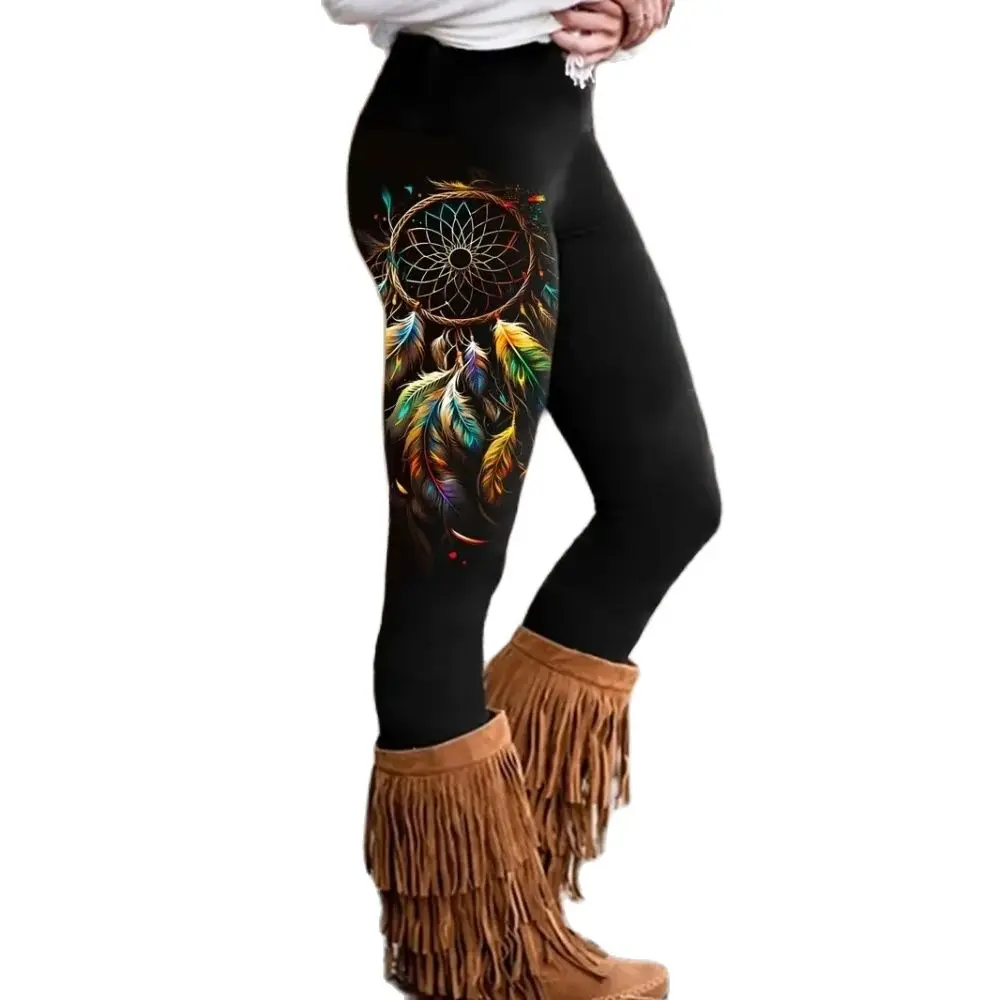 Dreamcatcher print elastic elastic waist slim casual leggings for women