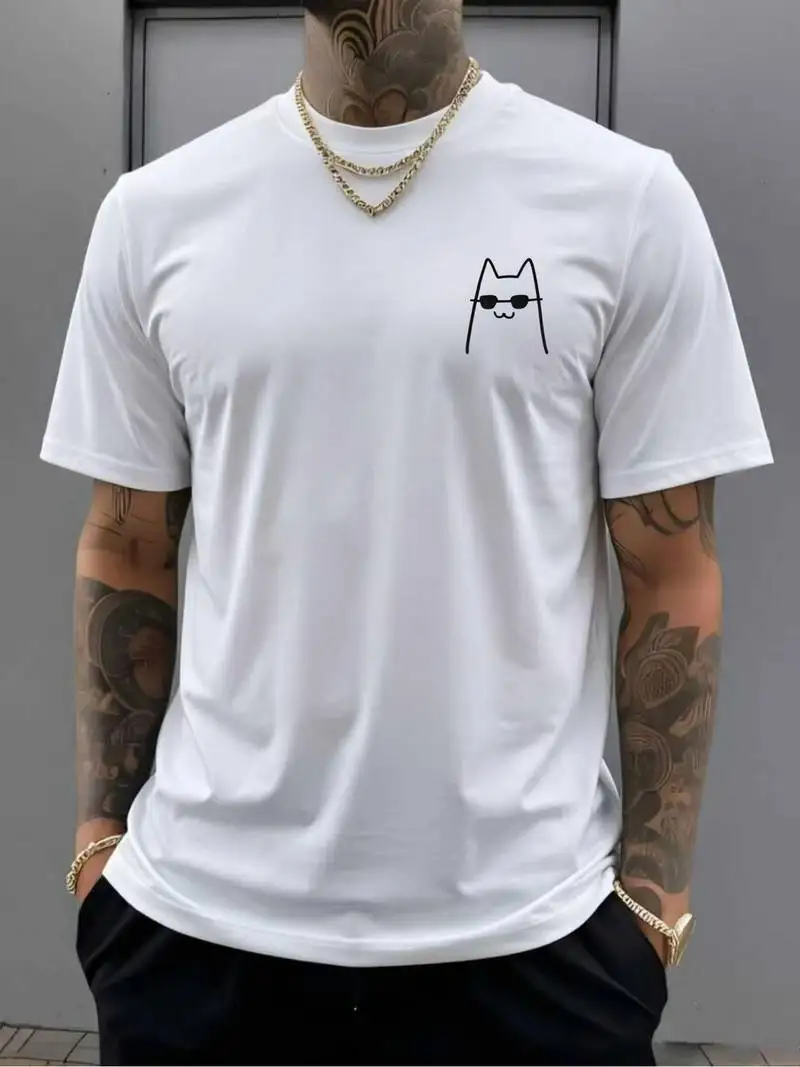 Men's New Printed T-Shirt Minimalist Hand-Drawn Cool Cat With Fashion Glasses Line Art Niche Print Short Sleeve Casual Top
