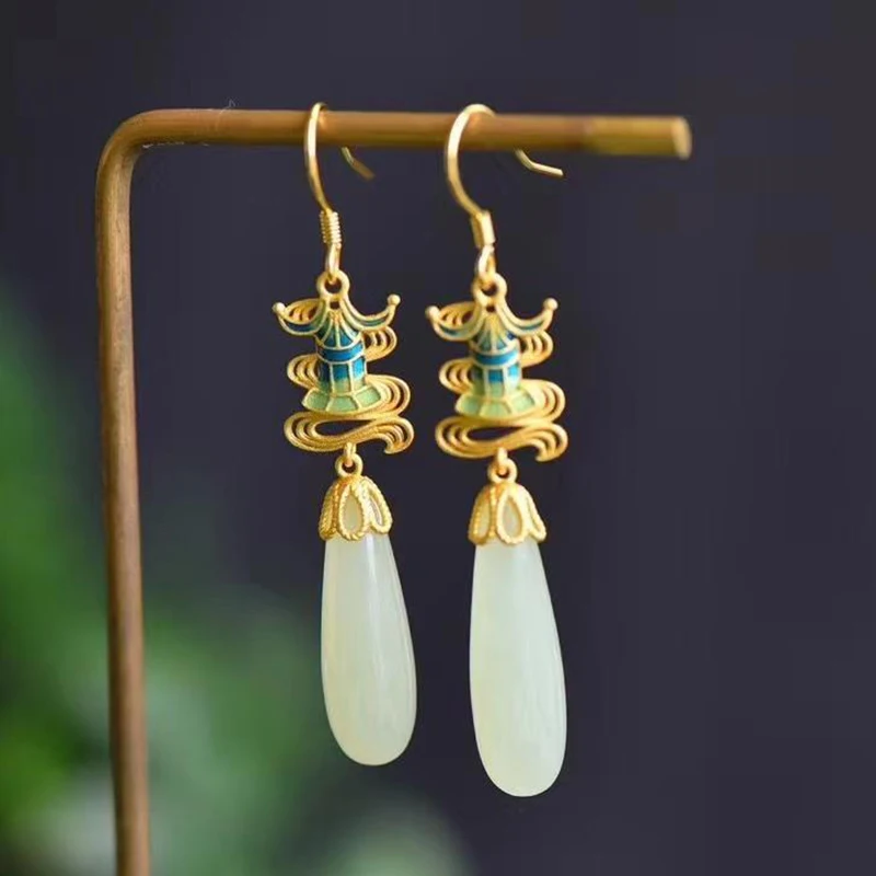Ancient gold craft inlaid natural Hetian jade pendant enamel porcelain long earrings Chinese style retro charm ladies jewelry