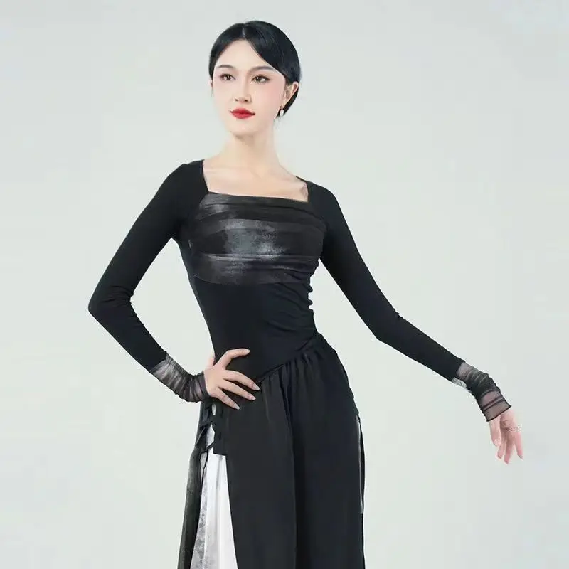 Modern Dance Classical Dance Mesh Ruffles Top Performance  Practice Costume Yoga Flowing Black Tie-dye Cheongsam Wide Leg Pants