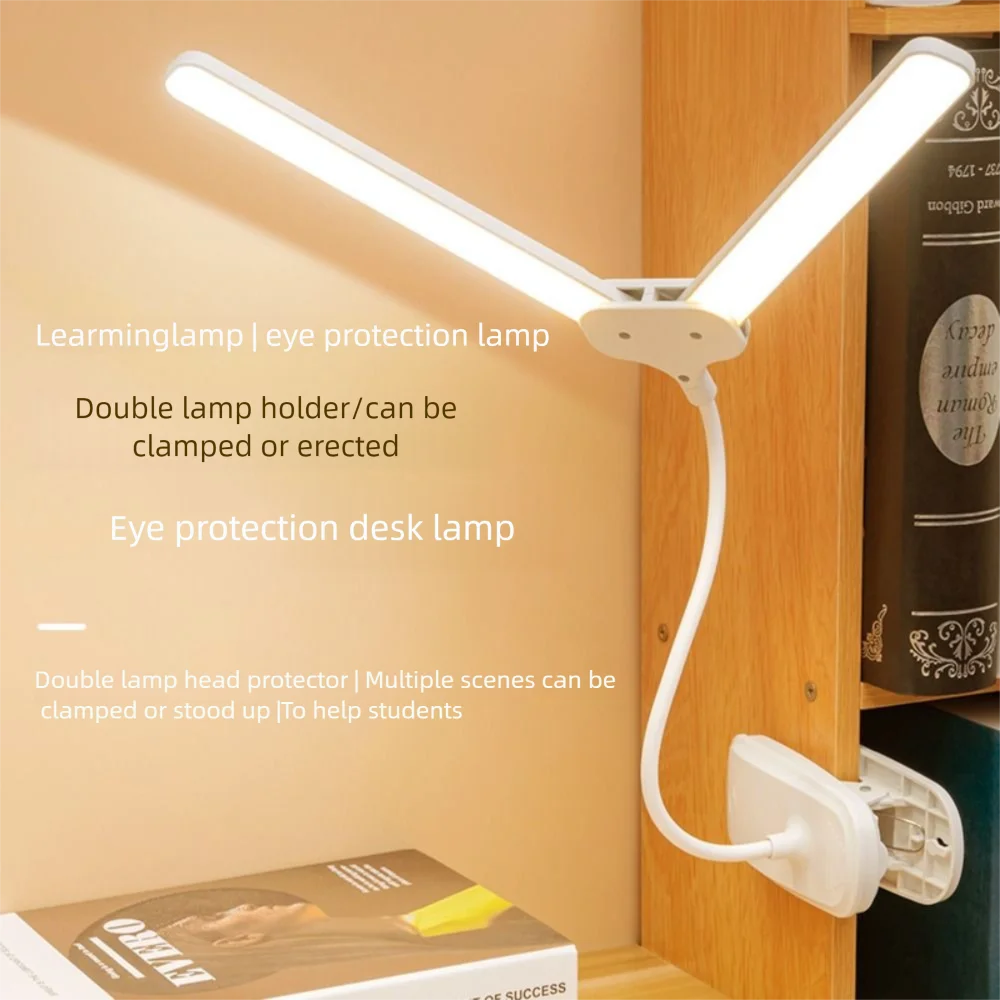 

3 Colors LED Clamp Double Head Desk Lamp Flexible Touch Dimming Bedroom Table Lamp Foldable Energy-Efficient