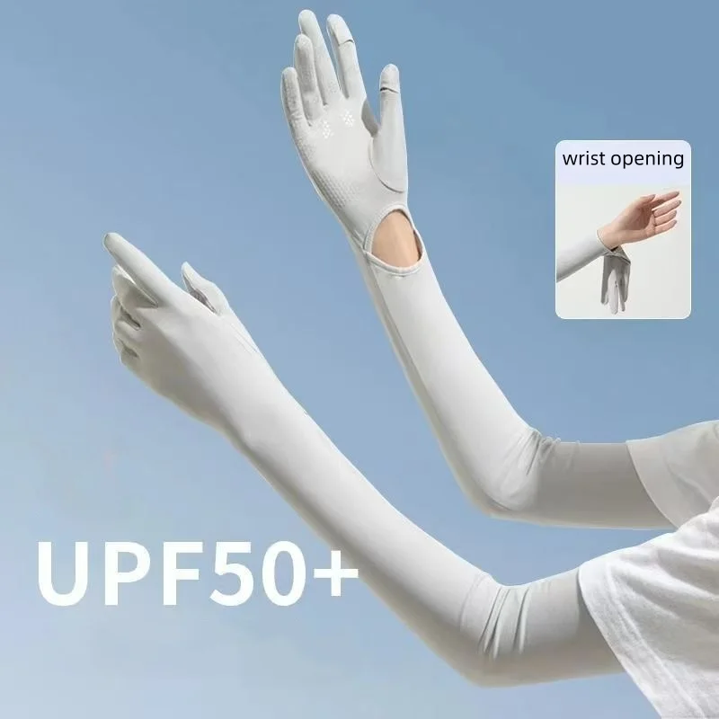 UPF50+ Ice Silk Sun Protection Arm Sleeves with Gloves, 16℃ Cooling, Anti-Slip Touchscreen, for Driving Cycling Outdoor