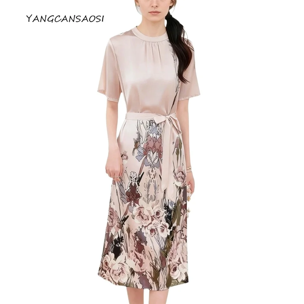 2026 Women's Fashion Spring/Autumn New 91.8% Natural Mulberry Silk Elastic Satin Stand-up Short Sleeve Printed Party Dress