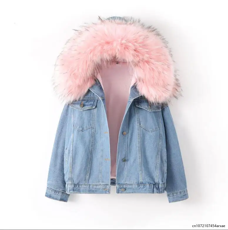 2023 Faux Fur Collar Denim Jacket Women Winter Hooded Warm Jean Coat Student Basic Parkas Female Bomber Jacket