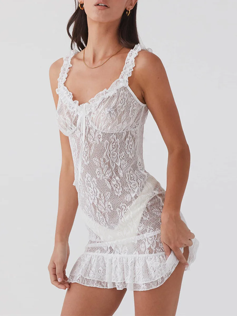 Robe en dentelle dos nu pour femme, coupe couvertes, robe transparente, mini robe d'été pour club et fête