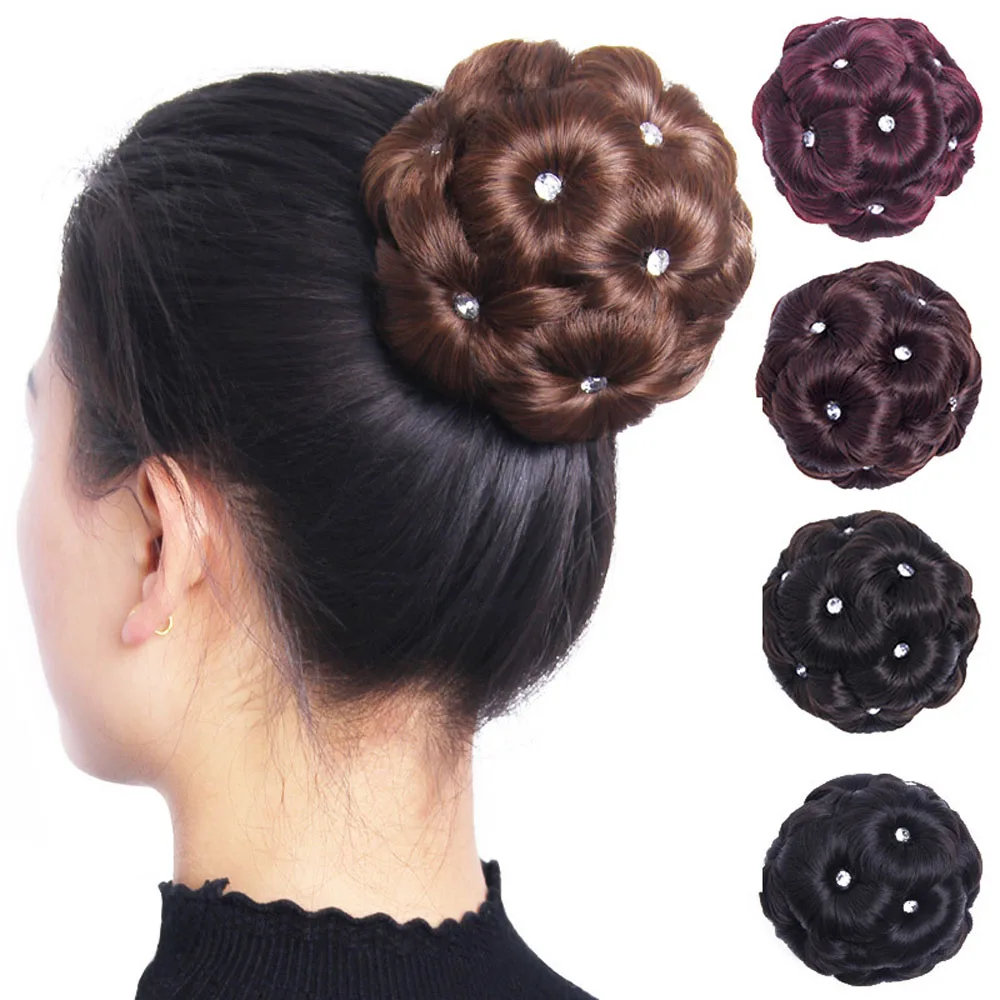 Fashion Clip in Hair Bun For Women Hair Updo Hairpiece With Rhinestone Wig Claw Chignon Pony Tail Dancer Office Headwear