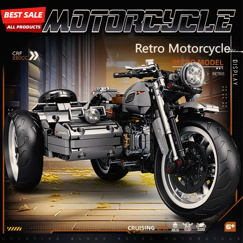 DIY Retro three-wheel motorcycle puzzle building block miniature figurine ornament Gift Decoration accessories collection