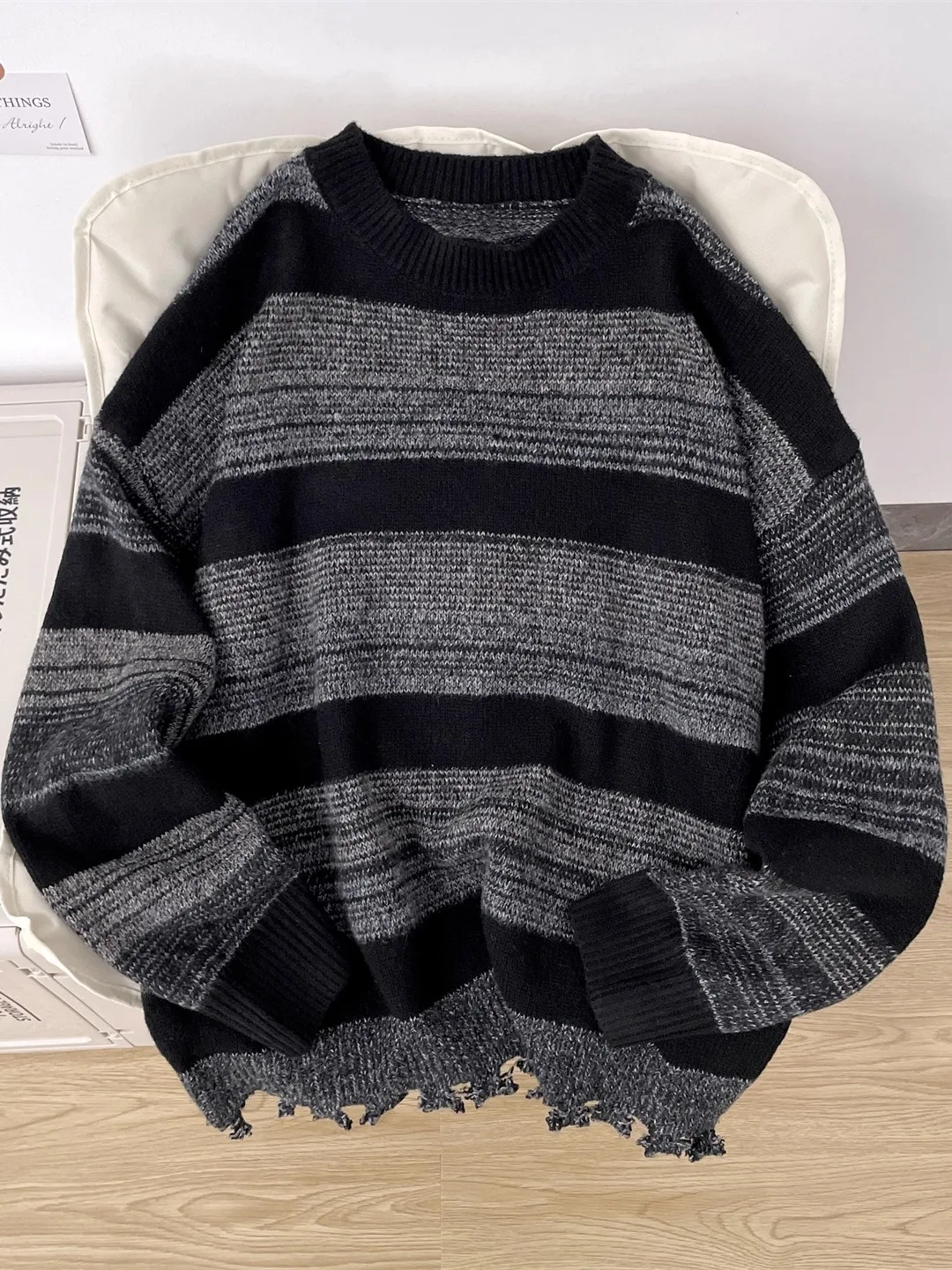 

Американский вязаный свитер в полоску для мужчин и женщин, зимний, модный, свободный, цветной, шерстяной, утолщенный, в японском стиле, для пар