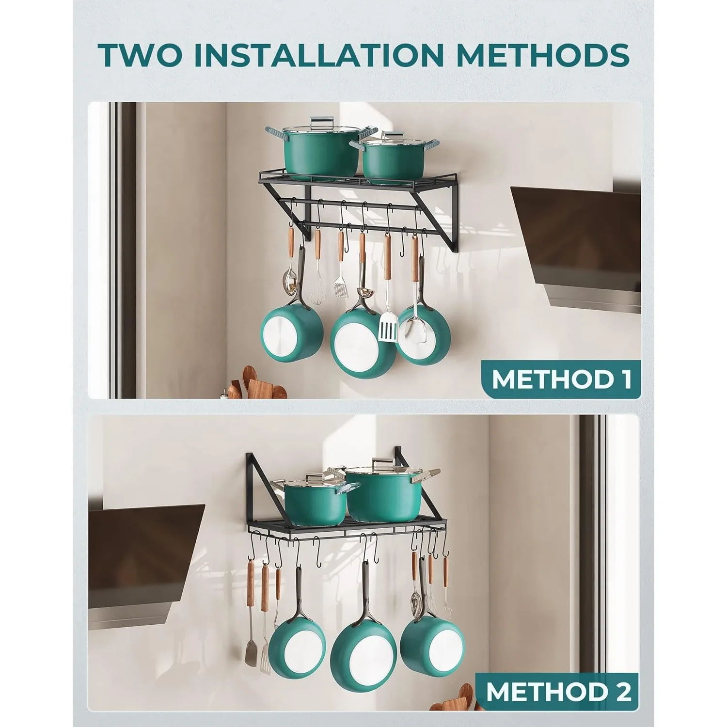 رف تخزين مثبت على الحائط مقاس 23 بوصة مع حاجز تعليق من طبقتين و12 خطافًا على شكل خطافًا، مثالي للمقالي والأواني،