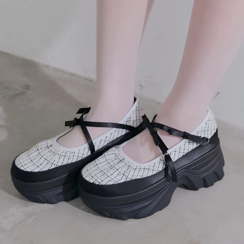 French Ballet Tweed Plaid Strap Bow Daddy Shoes Women's Japanese Everyday Comfort Mary Jane Shoes Casual Sneakers Women's