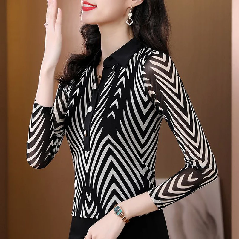 Women Korean Striped Print Lapel Slim Elegant Blouses Office Lady Business Casual Shirts Long Sleeve Tops Blusa Mujer Moda 2023