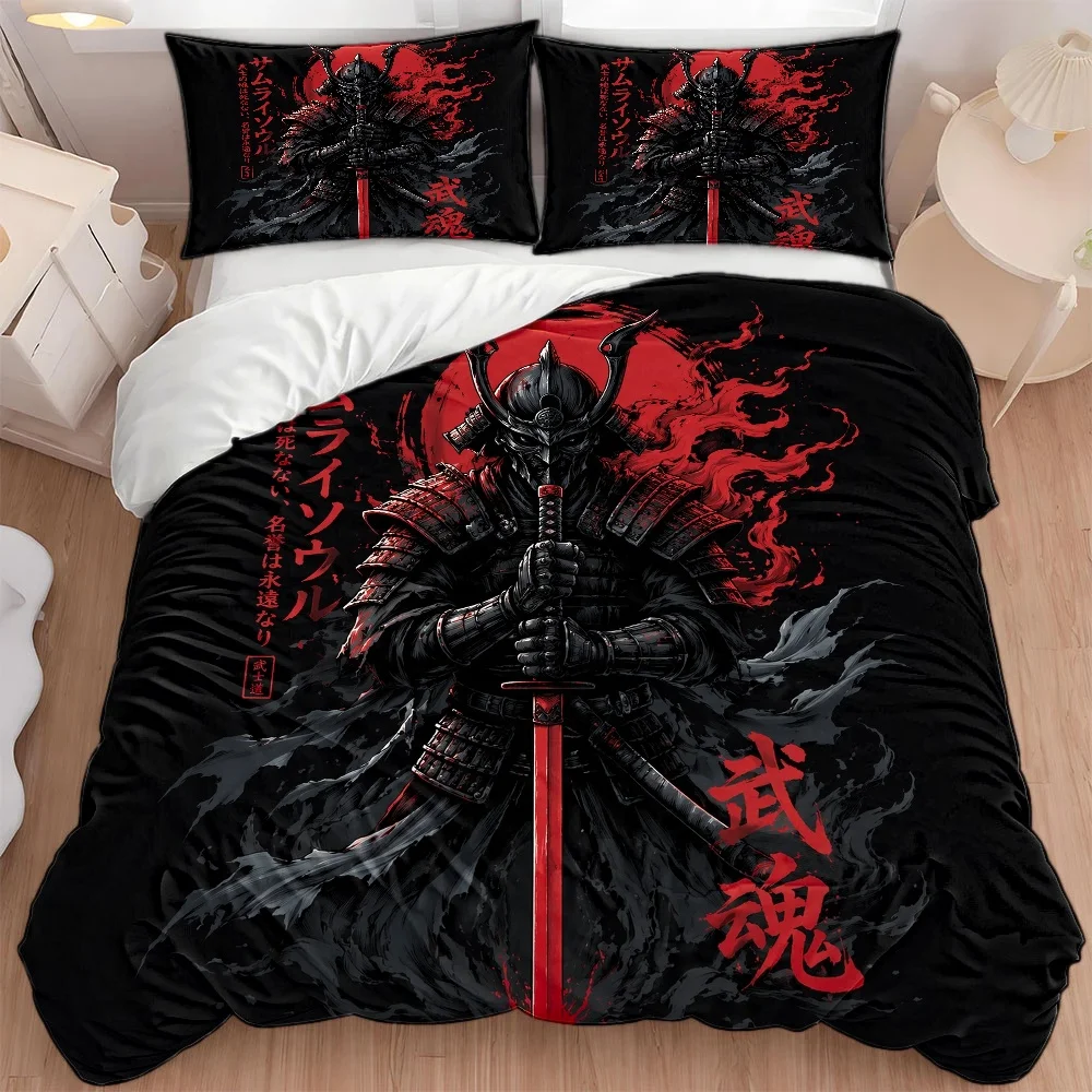 Japanese Samurai Duvet Cover Set 3Pc Dark Bushido Style Bedding Large Double Machine Washable High Thread Count for Bedroom Dorm