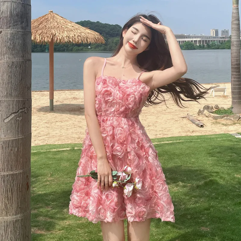 Dreidimensionale Rose Floral Party Kleid Frauen Sexy Liebsten Krawatte Bogen Mesh Spaghetti Strap Kleid Weibliche Spitze Kurze Mini Vestidos