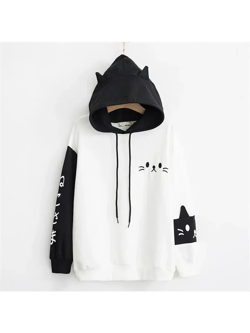 

Женская хлопковая толстовка с капюшоном, черная или белая толстовка с мультяшным принтом кошки, милый Свитшот Y2k, зима 2025