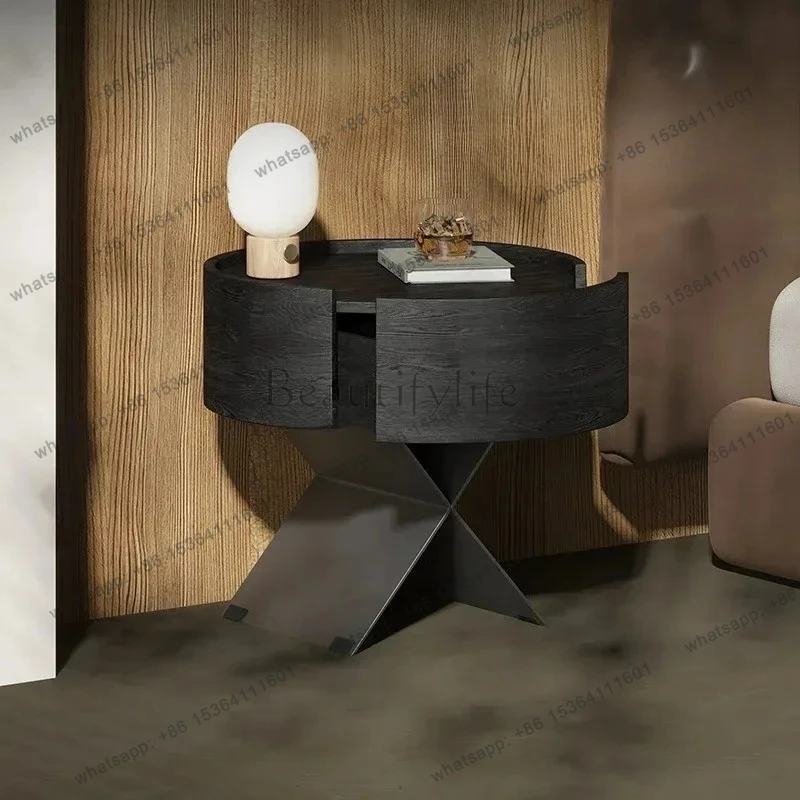 Black Smoked Veneer Bedside Table Italian Minimalist Light Luxury High-end Bedside Table